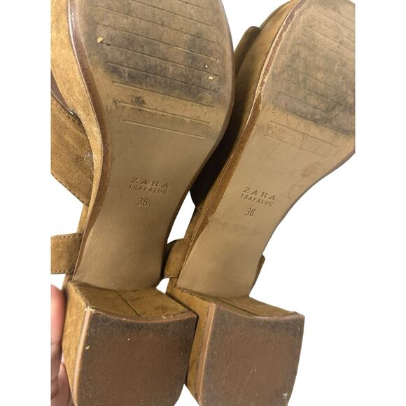 Zara brown suede platform block heel sandals size 36 - Picture 3 of 13